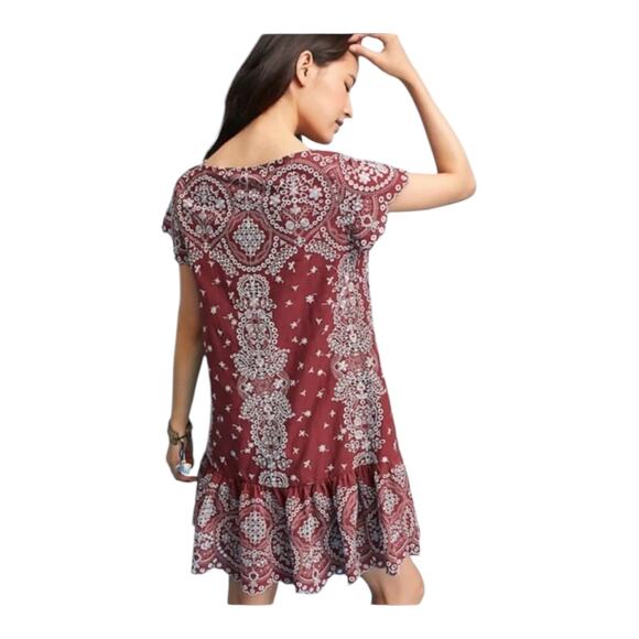 ANTHROPOLOGIE FEATHER BONE Ynez Maroon Dress Flounced Embroidered Eyelet Blue - Picture 8 of 11